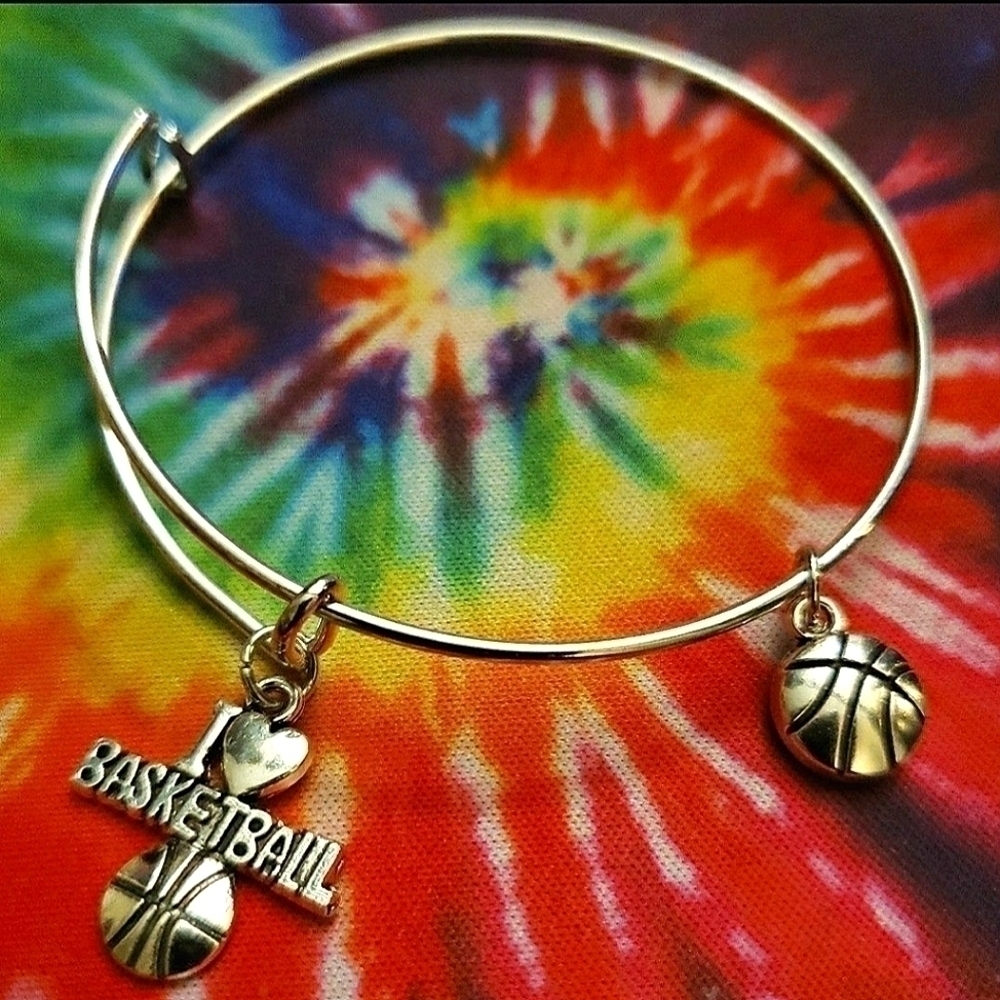 HANDMADE Adjustable Silver I love basketball charm Bangle bracelet
